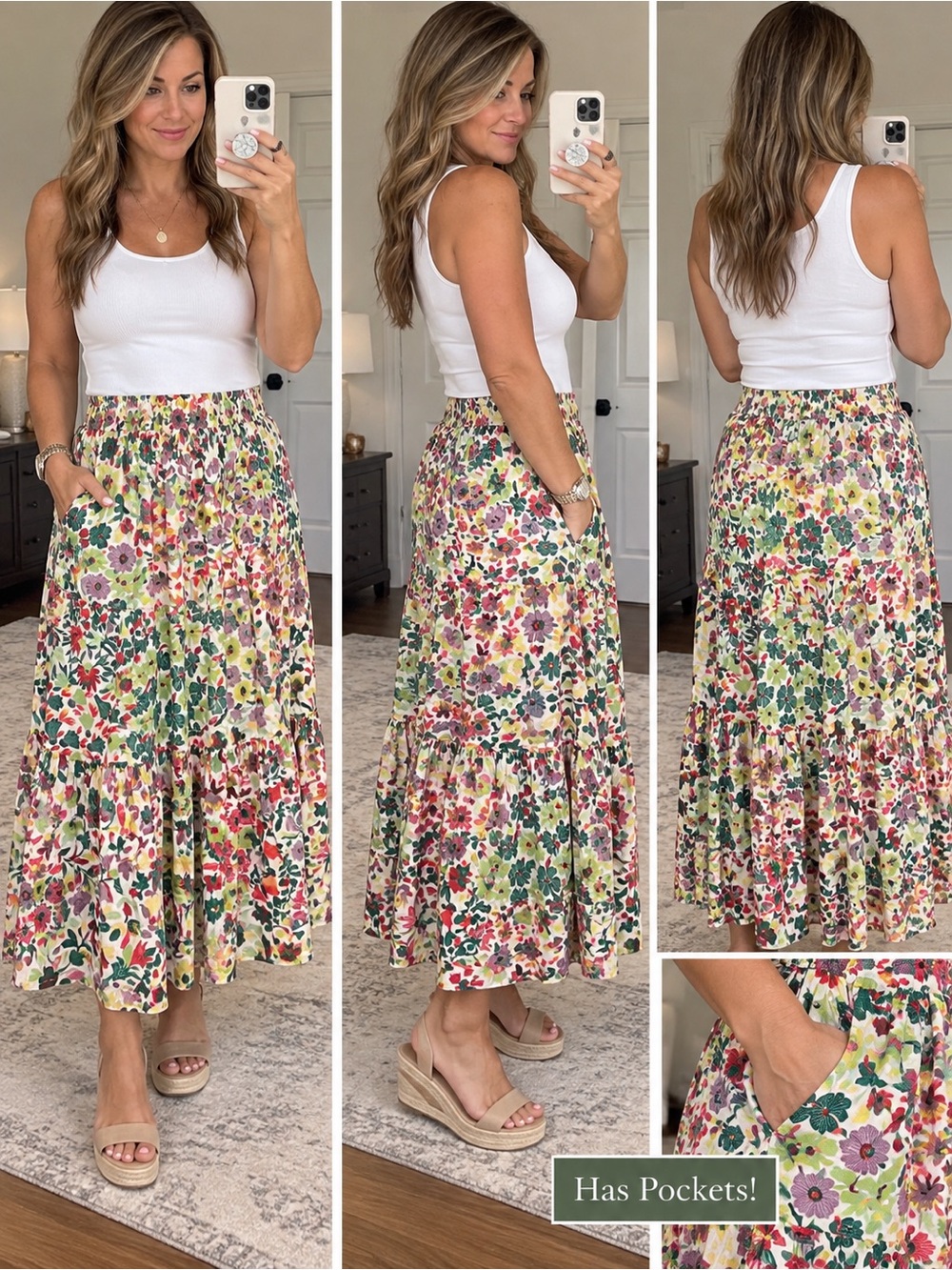 Floral Tiered Midi Skirt with Pockets - White Multi color SO pretty! ♥️